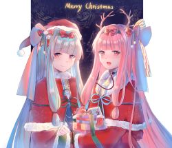 Rule 34 | 2girls, blue hair, blunt bangs, box, capelet, christmas, commentary, dress, fur-trimmed capelet, fur-trimmed headwear, fur-trimmed sleeves, fur trim, gift, gift box, hair ribbon, hairband, hat, highres, holding, holding gift, kotonoha akane, kotonoha aoi, long hair, looking at viewer, merry christmas, multiple girls, night, night sky, open mouth, pillarboxed, pink eyes, pink hair, red capelet, red dress, red headwear, red ribbon, ribbon, santa costume, santa dress, santa hat, siblings, sisters, sky, smile, ten (cherry61897), upper body, very long hair, voiceroid