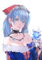Rule 34 | 1girl, bare shoulders, black nails, blue dress, blue hair, bow, breasts, bug, butterfly, cleavage, collarbone, dress, earrings, fingernails, hair bow, highres, holding orb, bug, jewelry, kiriyama, large breasts, long hair, looking at viewer, nail polish, necktie, off shoulder, orb, original, purple eyes, red bow, sharp fingernails, solo, tiara, twintails, upper body, white background, wide sleeves, witch