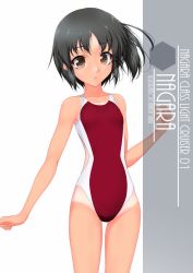 Rule 34 | 1girl, alternate breast size, alternate costume, artist name, bare arms, bare shoulders, black hair, brown eyes, character name, closed mouth, collarbone, commentary request, competition swimsuit, cowboy shot, english text, flat chest, hexagon, highres, inaba shiki, kantai collection, looking at viewer, multicolored clothes, multicolored swimsuit, nagara (kancolle), narrow waist, navel, one-piece swimsuit, one-piece tan, one side up, parted bangs, red one-piece swimsuit, short hair, simple background, smile, solo, standing, stomach, striped clothes, striped one-piece swimsuit, swimsuit, tan, tanline, thighs, vertical-striped clothes, vertical-striped one-piece swimsuit, white background, wide-eyed