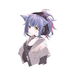 Rule 34 | 1girl, animal ears, arknights, black collar, black shirt, blue hair, cat ears, chest strap, collar, cropped arms, cropped torso, green eyes, grey jacket, headset, implied extra ears, jacket, jessica (arknights), kochiya (gothope), light blush, long sleeves, looking at viewer, medium hair, multicolored hair, pink hair, ponytail, shirt, short sleeves, solo, streaked hair, upper body, white background