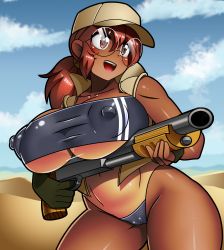 Rule 34 | 1girl, ass, breasts, brown eyes, brown hair, chacrawarrior, cowboy shot, fio germi, glasses, gris swimsuit, gun, hat, highres, holding, holding gun, holding weapon, large breasts, looking away, meme attire, metal slug, military hat, nipples, outdoors, ponytail, simple background, solo, uncensored, underboob, vest, weapon