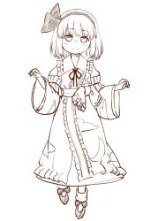 Rule 34 | 1girl, blush, bow, closed mouth, detached sleeves, footwear bow, full body, greyscale, hairband, konpaku youmu, long sleeves, looking at viewer, monochrome, neck ribbon, poronegi, ribbon, sash, shoes, simple background, smile, solo, standing, touhou, white background, wide sleeves