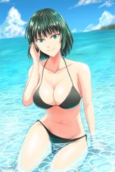 Rule 34 | 1girl, beach, bikini, black bikini, breasts, collarbone, day, fubuki (one-punch man), green eyes, green hair, hand on own face, large breasts, mamiya myanmar, navel, one-punch man, outdoors, partially submerged, sitting, smile, solo, swimsuit, water
