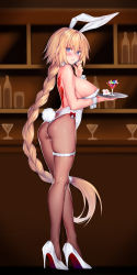 Rule 34 | 1girl, animal ears, ass, back, back tattoo, bar (place), bare shoulders, blonde hair, blue eyes, blush, braid, breasts, clothing cutout, cocktail glass, cup, detached collar, drinking glass, fake animal ears, fate/apocrypha, fate/grand order, fate (series), fishnet pantyhose, fishnets, flower, full body, hair between eyes, heart cutout, high heels, highres, hip focus, jeanne d&#039;arc (fate), jeanne d&#039;arc (ruler) (fate), large breasts, legs, leotard, long hair, looking at viewer, looking to the side, low-tied long hair, obiwan, pantyhose, parted lips, playboy bunny, rabbit ears, rabbit girl, rabbit tail, saint quartz (fate), single braid, solo, standing, tail, tattoo, thigh strap, thighs, tray, very long hair, wrist cuffs