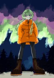 Rule 34 | 1girl, aikatsu! (series), aikatsu stars!, alternate costume, aurora, black leggings, boots, brown footwear, closed mouth, conifer, down jacket, expressionless, floating hair, full body, futaba aria, green hair, hair over shoulder, hands in pockets, highres, jacket, leggings, legs apart, light frown, long sleeves, looking at viewer, low twintails, orange jacket, osouzai-kun, outdoors, purple eyes, snow, solo, standing, twintails