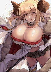 Rule 34 | 1girl, anila (granblue fantasy), blonde hair, breasts, cleavage, granblue fantasy, hand on own hip, highres, holding, holding staff, holding weapon, horns, large breasts, long hair, looking at viewer, midriff, midriff peek, miniskirt, navel, sheep girl, sheep horns, skirt, smile, staff, thick eyebrows, thick thighs, thighs, weapon, yellow eyes, yude