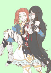 Rule 34 | 2girls, absurdres, armor, artist request, bandages, bare shoulders, belt, black hair, blush, boots, braid, breasts, carrying, choker, coat, dress, eleanor hume, closed eyes, fingerless gloves, gloves, green eyes, hair ornament, hand over face, highres, jacket, long hair, medium breasts, multiple girls, navel, orange hair, princess carry, short shorts, shorts, smile, tales of (series), tales of berseria, twintails, underboob, velvet crowe, very long hair, yuri