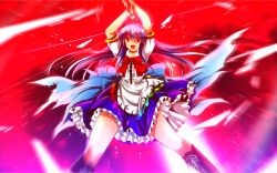 Rule 34 | 1girl, arms up, blue hair, boots, bow, cross-laced footwear, highres, hinanawi tenshi, knee boots, long hair, looking at viewer, nekominase, open mouth, puffy sleeves, red eyes, shirt, short sleeves, skirt, solo, sword of hisou, touhou, very long hair