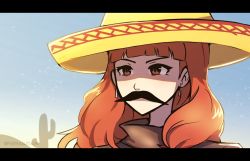 Rule 34 | 1girl, cactus, celica (fire emblem), corrupted metadata, earrings, fake facial hair, fake mustache, female focus, fire emblem, hat, jewelry, letterboxed, looking to the side, mexico, nintendo, orange eyes, orange hair, outdoors, parody, phiphi-au-thon, plant, sky, solo, sombrero, super smash bros.