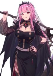 Rule 34 | 1girl, belt, black cloak, black dress, black nails, breasts, center opening, cleavage, cloak, closed mouth, commentary, cowboy shot, dress, hand on own hip, highres, holding, holding scythe, hololive, hololive english, large breasts, light smile, long hair, looking at viewer, mori calliope, mori calliope (1st costume), nail polish, over shoulder, pink hair, red eyes, scythe, see-through, see-through sleeves, side slit, simple background, smile, solo, spikes, tiara, veil, virtual youtuber, weapon, weapon over shoulder, weizen, white background