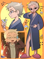 Rule 34 | 1boy, aged up, calling, closed eyes, coat, collage, cup, drinking glass, fire, full body, g tsurius, glass, glasses, highres, holding, holding cup, male focus, multiple views, profile, robe, scott pilgrim (series), scott pilgrim takes off, short hair, slippers, standing, tsurime, wallace wells, wine glass