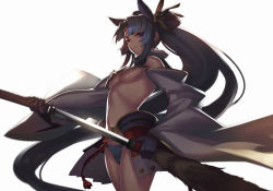 Rule 34 | 1girl, armor, bare shoulders, black gloves, black hair, black hat, blue eyes, blue panties, breasts, closed mouth, detached sleeves, fate/grand order, fate (series), glint, gloves, hat, holding, holding sword, holding weapon, japanese armor, kusazuri, long hair, looking at viewer, looking down, medium breasts, navel, panties, pom pom (clothes), revealing clothes, serious, sheath, side ponytail, sideboob, simple background, solo, sword, tef, underboob, underwear, unsheathing, ushiwakamaru (fate), very long hair, weapon, white background, wide sleeves