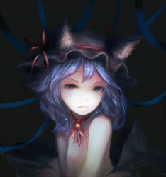 Rule 34 | 1girl, alternate costume, animal ears, bad id, bad pixiv id, bare shoulders, bat wings, bell, blue eyes, blue hair, cat ears, choker, dress, fang, fang out, faux traditional media, grey background, hat, heterochromia, highres, kemonomimi mode, looking at viewer, matching hair/eyes, mob cap, nooko, portrait, purple eyes, red eyes, remilia scarlet, ribbon choker, simple background, sleeveless, sleeveless dress, solo, touhou, wings