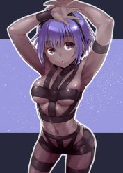 Rule 34 | 1girl, armpits, arms up, dark skin, dark-skinned female, fate/grand order, fate/prototype, fate/prototype: fragments of blue and silver, fate (series), grey eyes, hairband, hassan of serenity (fate), hot limit, midriff, misao (kami no misoshiru), navel, open mouth, purple hair, short hair, solo, t.m.revolution