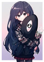 Rule 34 | 1girl, absurdres, black eyes, black hair, black pantyhose, black sweater, blush, closed mouth, cup, highres, holding, holding cup, holding stuffed toy, long hair, looking at viewer, mari (faraway) (omori), mari (omori), mug, omori, pantyhose, pleated skirt, red skirt, shio 0585, skirt, smile, solo, something (omori), steam, stuffed toy, sweater, very long hair