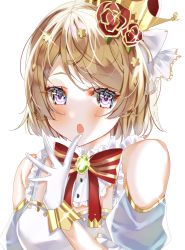 Rule 34 | 1girl, :o, absurdres, artist name, artist request, bare shoulders, blush, bow, breasts, brown hair, cleavage, crown, ebimau, ebimau e, female focus, flower, gloves, hair between eyes, hair bow, hair flower, hair ornament, highres, koizumi hanayo, love live!, love live! school idol festival, love live! school idol project, medium breasts, mini crown, parted lips, purple eyes, red flower, short hair, smile, solo, upper body, white bow, white gloves