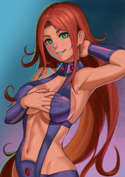 Rule 34 | 1girl, animification, arm behind head, armpits, breasts, center opening, cleavage, covered erect nipples, dc comics, female focus, green eyes, hand under clothes, large breasts, lasterk, long hair, looking at viewer, navel, red hair, sideboob, smile, solo, starfire, teen titans, very long hair