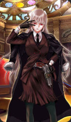 Rule 34 | 1girl, black gloves, black pantyhose, breasts, colored eyelashes, fate/grand order, fate (series), florence nightingale (fate), florence nightingale (formal dress) (fate), formal, gloves, gun, hand on own hip, handgun, hime cut, indoors, jacket, jacket on shoulders, large breasts, long hair, looking at viewer, necktie, official art, pantyhose, pistol, red eyes, serious, skirt, skirt suit, solo, standing, suit, takahashi keitarou, weapon