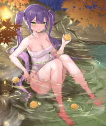 Rule 34 | 1girl, breasts, cleavage, collarbone, commentary request, crystal shoujo, food, fruit, green eyes, highres, holding, holding food, holding fruit, hololive, large breasts, leaf, long hair, looking at viewer, maple leaf, multicolored hair, naked towel, onsen, orange (fruit), parted lips, partially submerged, pink hair, purple hair, sitting, solo, streaked hair, tokoyami towa, towel, twintails, very long hair, virtual youtuber, water, wet