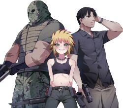 Rule 34 | 1girl, 2boys, arms behind back, bags under eyes, balaclava, bayonet, black gloves, black hair, black sports bra, blonde hair, blood, blood on hands, blush, breasts, brown pants, camouflage, camouflage headwear, camouflage pants, cargo pants, collared shirt, colored tips, digital camouflage, dominique (jormungand), gloves, green eyes, gregoire (jormungand), grey eyes, grey shirt, grin, gun, hand on own head, handgun, highres, holding, holding gun, holding weapon, jewelry, jormungand (manga), liliane (jormungand), looking at viewer, midriff, multicolored hair, multiple boys, multiple scars, muscular, muscular male, necklace, pants, parted lips, bulletproof vest, pump action, razor blade, remington 870, scar, shirt, shotgun, simple background, small breasts, smile, smith &amp; wesson, sports bra, sweat, tactical clothes, tamusuguru, trigger discipline, watch, weapon, weapon behind back, white background, wristwatch, yellow shirt
