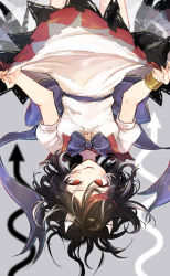 Rule 34 | 1girl, arrow (symbol), black hair, blue bow, blue bowtie, bow, bowtie, clothes lift, cuffs, highres, hisona (suaritesumi), horns, kijin seija, lifting own clothes, looking at viewer, multicolored hair, puffy short sleeves, puffy sleeves, red eyes, red hair, shirt, short sleeves, skirt, skirt lift, smile, solo, streaked hair, tongue, tongue out, touhou, upside-down, white hair, white shirt, white skirt