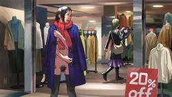 Rule 34 | 2girls, black eyes, black hair, black legwear, blue coat, clothes rack, coat, english text, excessive pubic hair, exhibitionism, hair ornament, hairclip, highres, indoors, jukkaku komado, long hair, looking to the side, mannequin, multiple girls, naked coat, navel, open clothes, open mouth, original, pubic hair, public indecency, red scarf, scarf, shop, standing, sweat, thighhighs