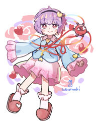 Rule 34 | 1girl, black hairband, blue shirt, commentary request, full body, hairband, heart, highres, komeiji satori, long sleeves, looking at viewer, pink skirt, purple hair, red eyes, red footwear, shirt, short hair, signature, skirt, slippers, solo, third eye, touhou, uzumaki osushi, white background