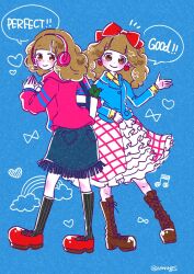 Rule 34 | blue background, blue jacket, blush, boots, bow, brown eyes, brown footwear, denim, denim skirt, earrings, english text, frilled skirt, frills, headphones, heart, heart earrings, highres, jacket, jewelry, mary janes, multiple persona, musical note, pink headphones, pop&#039;n music, rainbow, red bow, red footwear, rie-chan, shirt, shoes, signature, skirt, smile, socks, speech bubble, striped clothes, striped socks, stuffed animal, stuffed frog, stuffed toy, uminonagisa, vertical-striped clothes, vertical-striped socks, yellow shirt