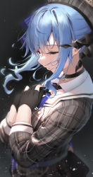 Rule 34 | 1girl, absurdres, black choker, black gloves, blue hair, choker, collared shirt, commentary request, gloves, grey headwear, hair between eyes, hair ribbon, hands on own chest, highres, hololive, hoshimachi suisei, hoshimachi suisei (1st costume), jacket, jewelry, kinoruru toiro, looking down, necklace, partially fingerless gloves, plaid, plaid headwear, plaid jacket, ribbon, shirt, sidelocks, virtual youtuber