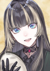 Rule 34 | 1girl, absurdres, black gloves, black hair, blonde hair, blue eyes, blunt bangs, choker, eyelashes, g9 (jiiku), gloves, highres, holding, holding mask, hololive, hololive dev is, juufuutei raden, lace, lace choker, long hair, looking at viewer, mask, multicolored hair, open mouth, pink lips, portrait, simple background, slit pupils, solo, streaked hair, teeth, two-tone hair, upper teeth only, virtual youtuber, yellow background