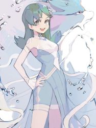 Rule 34 | 1girl, :d, breasts, commentary, creatures (company), detached sleeves, diamond (shape), dress, eyelashes, flipped hair, game freak, gen 2 pokemon, green eyes, green hair, hand on own hip, happy, highres, kris (pokemon), kris (sygna suit) (pokemon), legendary pokemon, long hair, milka (milk4ppl), nintendo, official alternate costume, open mouth, pokemon, pokemon (creature), pokemon masters ex, smile, suicune, teeth, tongue, water, water drop