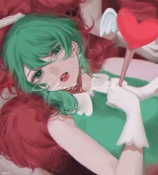 Rule 34 | arrow (projectile), arrow through heart, clone, collared shirt, commentary request, cursive, dual persona, dutch angle, gitefusu, gloves, green eyes, green hair, green shirt, hair over shoulder, heart, heart arrow, highres, holding, holding arrow, long hair, looking at viewer, lying, on back, parted lips, pile of corpses, red hair, red lips, shirt, sleeveless, sleeveless shirt, song name, tabun owari (vocaloid), upper body, vocaloid, white gloves