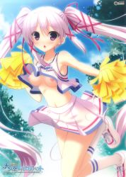 Rule 34 | 1girl, :o, absurdres, ama no sora retrospect, amahoshi, bare shoulders, blush, breasts, camisole, cheerleader, clothes lift, cloud, copyright name, day, hair ribbon, highres, hisama kumako, kneehighs, long hair, looking at viewer, medium breasts, miniskirt, navel, nipples, no bra, official art, open mouth, outdoors, pink hair, pleated skirt, pom pom (cheerleading), purple eyes, red ribbon, ribbon, shirt lift, shoes, silver hair, skirt, sky, sneakers, socks, solo, tank top, twintails, very long hair, wardrobe malfunction, white footwear, white skirt, white socks