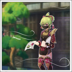Rule 34 | 1girl, 1koma, 3d background, arataki itto, armor, blurry, cameo, comic, commentary, depth of field, empty eyes, english commentary, fingerless gloves, genshin impact, giving, gloves, green hair, hafuku, hair ornament, highres, holding, holding paper, japanese clothes, kuki shinobu, long hair, long sleeves, mask, mouth mask, navel, ninja, pamphlet, paper, parted bangs, ponytail, purple eyes, shoulder armor, sidelocks, silent comic, solo, stomach, sweatdrop, thighhighs, visible air, wind, zettai ryouiki