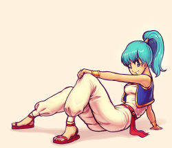 Rule 34 | 1girl, aqua eyes, aqua hair, arabian clothes, bare arms, bare shoulders, blue vest, bracelet, bracer, breasts, bulma, cleavage, clenched teeth, dragon ball, female focus, full body, grin, hand on own knee, jewelry, knees up, leaning, leaning back, long hair, looking at viewer, matching hair/eyes, medium breasts, modeseven, neck, outstretched arm, ponytail, sandals, sitting, sleeveless, smile, solo, teeth, vest