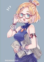 Rule 34 | 1girl, ^^^, adjusting eyewear, alternate costume, alternate hairstyle, aqua eyes, arm strap, bespectacled, blonde hair, blue background, blue shirt, blue skirt, blush, breasts, carrying, carrying under arm, commentary, cowboy shot, earrings, fang, gem, glasses, hair ornament, hair stick, hairclip, holding, holding paper, jewelry, looking at viewer, medium breasts, miniskirt, necklace, nintendo, open mouth, paper, parted bangs, pointy ears, princess zelda, red-framed eyewear, shirt, short hair, shuri (84k), simple background, skirt, skirt set, sleeveless, sleeveless shirt, solo, the legend of zelda, the legend of zelda: breath of the wild, the legend of zelda: tears of the kingdom, thick eyebrows, topknot, turtleneck, twitter username, wrist cuffs