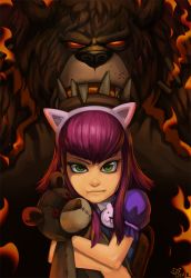 Rule 34 | 1girl, animal ears, annie (league of legends), backpack, bag, bear, cat ears, fake animal ears, fang, green eyes, league of legends, looking at viewer, neo-tk.., nose, puffy short sleeves, puffy sleeves, red hair, short hair, short sleeves, solo, stuffed animal, stuffed toy, teddy bear, tibbers