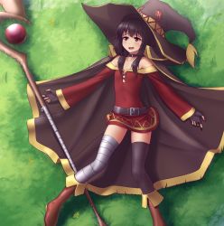 Rule 34 | 10s, 1girl, bandaged leg, bandages, bare shoulders, belt, black cape, black hair, black thighhighs, blush, boots, brown footwear, cape, commentary, dress, fingerless gloves, flat chest, gloves, grass, hat, hater (hatater), highres, kono subarashii sekai ni shukufuku wo!, long sleeves, lying, megumin, on back, open mouth, red dress, red eyes, short dress, short hair, single thighhigh, solo, staff, thighhighs, witch hat