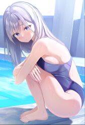 Rule 34 | 1girl, barefoot, blue eyes, commentary request, competition school swimsuit, feet, grey hair, highres, long hair, looking at viewer, nail polish, original, pasdar, pink nails, poolside, school swimsuit, solo, squatting, swimsuit, toenail polish, toenails, toes