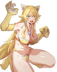 Rule 34 | :d, animal ear fluff, animal ears, animal hands, blonde hair, bow (bhp), breasts, claws, commentary, english commentary, frederica baumann, fur, green eyes, jewelry, large breasts, long hair, looking at viewer, navel, nude, open mouth, pendant, re:zero kara hajimeru isekai seikatsu, sharp teeth, simple background, smile, solo, tail, teeth, thick eyebrows, white background, yellow fur