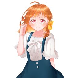 Rule 34 | 1girl, artist name, artist request, blue skirt, blush, bow, bracelet, collarbone, female focus, hair ornament, hairclip, highres, jewelry, looking at viewer, love live!, love live! school idol festival, love live! sunshine!!, masa sevenred, masakazu yamato, orange hair, parted lips, playing with own hair, red eyes, shirt, short hair, skirt, smile, solo, takami chika, white background, white shirt, yamato masakazu, yellow bow