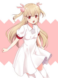 Rule 34 | &gt; &lt;, + +, 1girl, :d, bandaged arm, bandages, blush, breasts, brown hair, collared dress, dress, fang, hair ornament, kisaragi hina, long hair, looking at viewer, natori sana, open mouth, pink background, pleated dress, puffy short sleeves, puffy sleeves, rabbit hair ornament, red eyes, sana channel, short sleeves, small breasts, smile, solo, two-tone background, two side up, v-shaped eyebrows, very long hair, virtual youtuber, white background, white dress