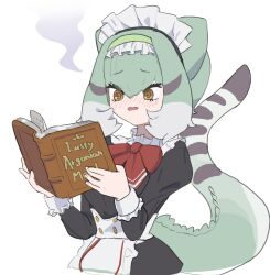 Rule 34 | 1girl, @ @, alternate costume, apron, black dress, blush, book, bow, bowtie, chinese water dragon (kemono friends), collar, cowboy shot, dress, embarrassed, enmaided, frilled collar, frilled hairband, frills, green hair, hair between eyes, hairband, highres, juliet sleeves, kemono friends, kemono friends 3, kunikuni (kunihiro2005), lizard tail, long sleeves, maid, maid headdress, multicolored hair, official alternate costume, puffy sleeves, reading, red bow, red bowtie, reptile girl, short hair, sidelocks, sleeve cuffs, solo, tail, the elder scrolls, the elder scrolls v: skyrim, white apron, white hair, yellow eyes