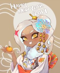 Rule 34 | 1girl, 2019, :d, breasts, dark-skinned female, dark skin, fang, food, fruit, hair ornament, happy new year, highres, holding, japanese clothes, jtveemo, kimono, long hair, looking at viewer, mandarin orange, medium breasts, new year, nintendo, octoling, octoling player character, open mouth, silver hair, smile, solo, splatoon (series), splatoon 2, suction cups, tentacle hair, upper body, white kimono, yellow eyes