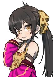 Rule 34 | 1girl, :p, animal print, bare shoulders, black hair, breasts, camisole, cleavage, clothes down, gazacy (dai), hair between eyes, hair ribbon, heart, heart necklace, highres, idolmaster, idolmaster cinderella girls, jacket, jewelry, leopard print, long hair, looking at viewer, matoba risa, necklace, ribbon, simple background, sleeves past wrists, small breasts, solo, tongue, tongue out, twintails, upper body, white background, yellow eyes