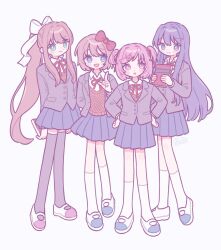 Rule 34 | 4girls, arms behind back, black thighhighs, blue eyes, blue footwear, blue hair, blue skirt, book, bow, brown hair, brown sweater vest, closed mouth, collared shirt, doki doki literature club, full body, green eyes, grey jacket, hair bow, hair ornament, hairclip, hands on own hips, highres, holding, holding book, jacket, long hair, long sleeves, monika (doki doki literature club), multiple girls, natsuki (doki doki literature club), neck ribbon, nicogoly, open mouth, parted lips, pink eyes, pink hair, pleated skirt, pointing, ponytail, red bow, red footwear, red ribbon, ribbon, sayori (doki doki literature club), school uniform, shirt, short hair, short twintails, sidelocks, skirt, smile, socks, sweater vest, thighhighs, twintails, two-tone footwear, white background, white bow, white footwear, white shirt, white socks, yuri (doki doki literature club)