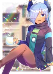 Rule 34 | 1girl, :d, arm support, black jacket, blue eyes, blue hair, blurry, blurry background, braid, brown pantyhose, commentary request, commission, cup, depth of field, feet out of frame, green shirt, hair over one eye, holding, holding cup, horns, jacket, kou hiyoyo, long hair, long sleeves, mug, multicolored hair, open clothes, open jacket, open mouth, original, pantyhose, shirt, single braid, skeb commission, sleeves past wrists, smile, solo, steam, streaked hair, very long hair