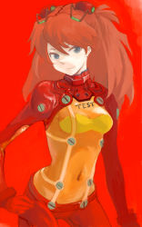 Rule 34 | 00s, 1girl, bad id, bad pixiv id, blue eyes, bodysuit, breasts, cleavage, female focus, hand on own hip, highres, hip focus, long hair, mo-mo-ride, multicolored clothes, navel, neon genesis evangelion, plugsuit, rebuild of evangelion, red hair, red theme, see-through, see-through cleavage, simple background, solo, souryuu asuka langley, test plugsuit, twintails