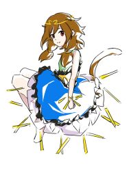 Rule 34 | 1girl, blue dress, bracelet, brown hair, circlet, closed mouth, dress, fensedekaoji, frilled dress, frills, full body, green dress, highres, jewelry, legs up, looking at viewer, low twintails, medium hair, monkey tail, multicolored clothes, multicolored dress, red eyes, ruyi jingu bang, short dress, single strap, sleeveless, sleeveless dress, smile, son biten, tail, touhou, twintails, unfinished dream of all living ghost, white background, yellow dress