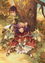 Rule 34 | 1boy, 1girl, bird, book, closed mouth, cup, dragon wings, dress, fire emblem, fire emblem: the sacred stones, from side, highres, holding, holding book, holding cup, multi-tied hair, myrrh (fire emblem), nintendo, open book, outdoors, purple hair, red eyes, saleh (fire emblem), sitting, smile, tecchen, tree, twintails, twitter username, wings